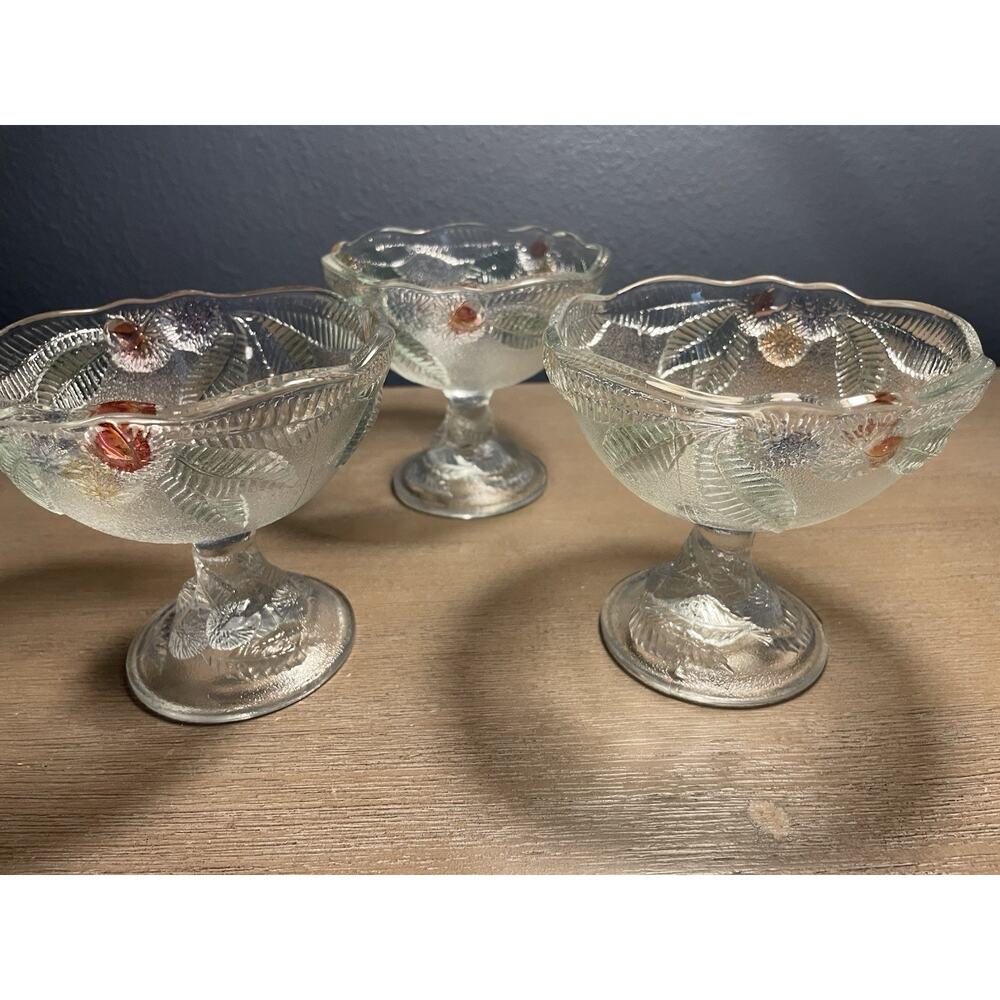 Vintage French Frosted Glass Dessert Cups Set 3 Fruit Pedestal Bowls
